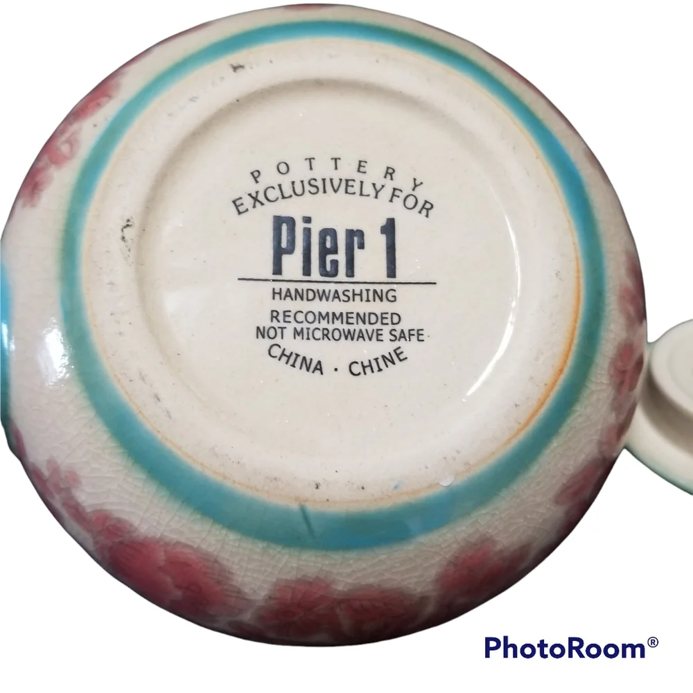 Vintage Pier 1 Imports Ceramic Teapot Pink & Blue W Removable Bamboo Handle